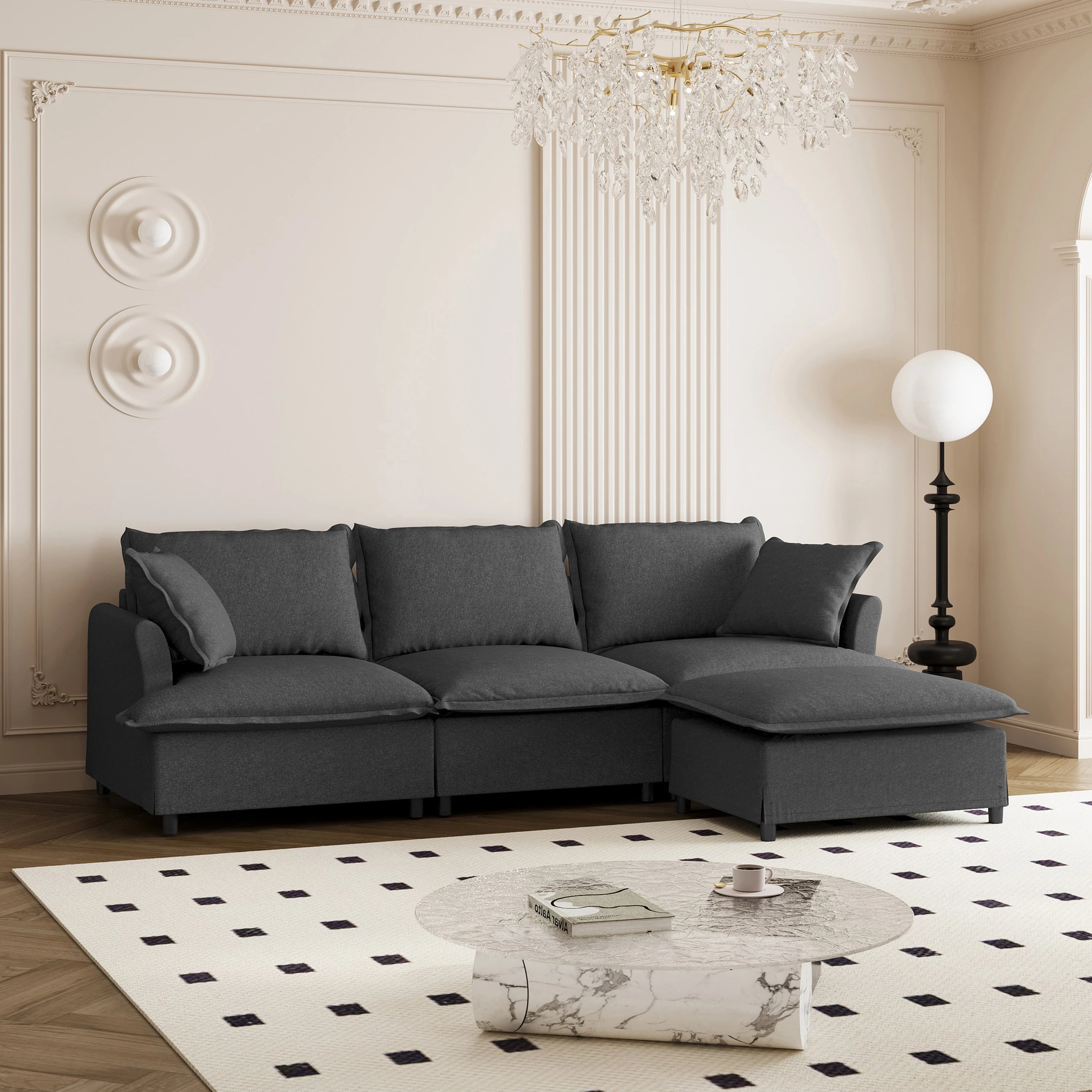 Chenille Sectional Sofa with Ottoman